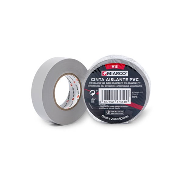 Cinta aislante PVC M15 19mmx20mx0,15mm MIARCO 26674 Gris