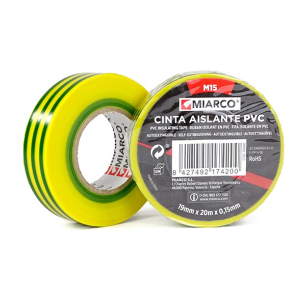Cinta aislante PVC M15 19mmx20mx0,15mm MIARCO 26680 Toma tierra (amarillo/verde)