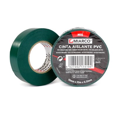 Cinta aislante PVC M15 19mmx25mx0,15mm MIARCO 17756 Verde