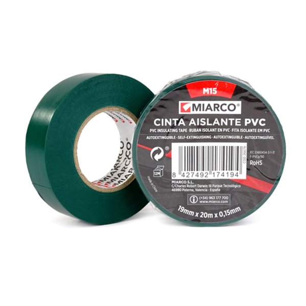 Cinta aislante PVC M15 19mmx25mx0,15mm MIARCO 17756 Verde