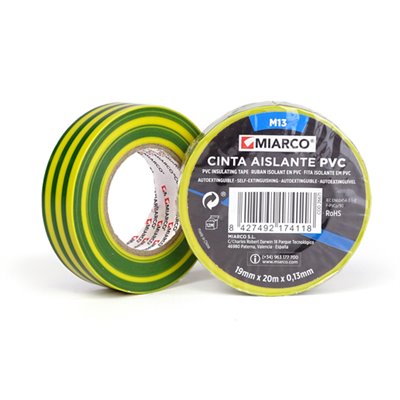 Cinta aislante PVC M13 19mmx20mx0,13mm MIARCO 26671 Toma tierra (amarillo/verde)