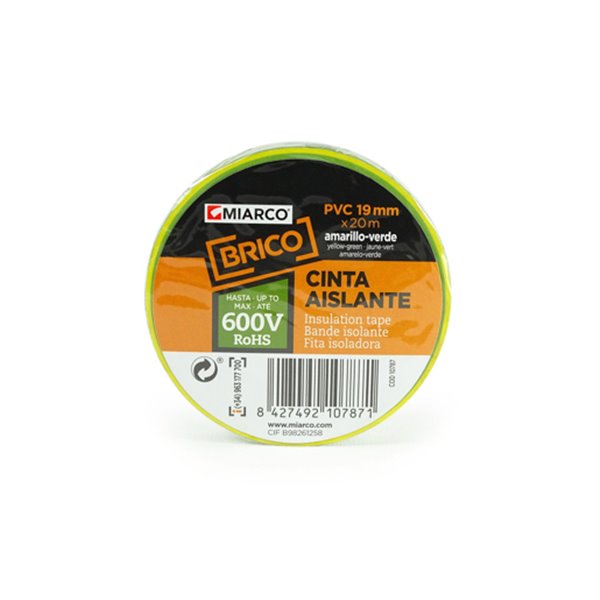 Cinta aislante PVC BRICO 19mmx20m MIARCO 10787 Toma tierra (amarillo/verde)