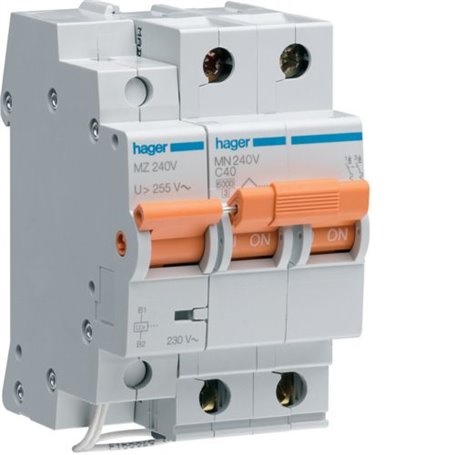 Interruptor automatico + Limitador sobretensiones permanentes Hager MZ240V fase+ neutro 40A
