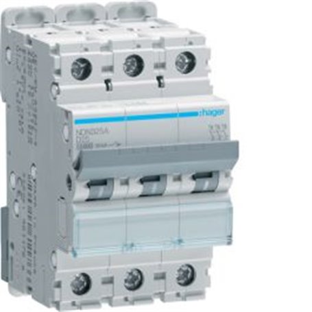 Interruptor Automatico N 3P 25A curva D 10kA  HAGER NDN325A