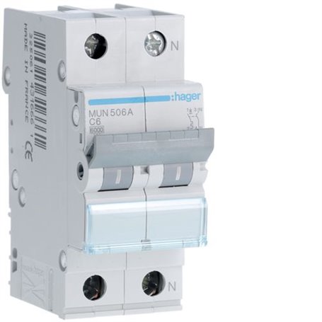 Interruptor Automatico MU 1P+N 6A curva C 6kA  HAGER MUN506A