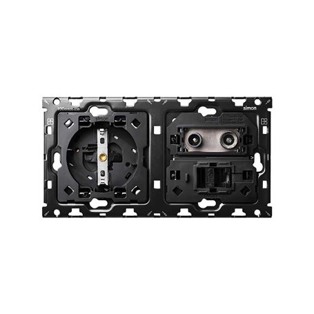 Kit Back 2 elementos SIMON 100 con 1 base de enchufe schuko,1 toma R-TV+SAT y 1 conector RJ45 6 UTP 10010208-039