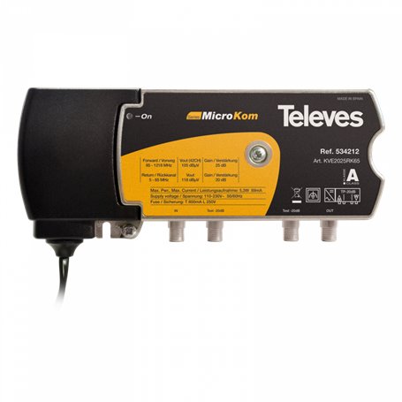 Amplificador MICROKOM canal de retorno + terrestre T4 5-65Mhz G20/25dB TELEVES 534212