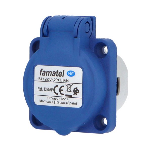 Base Schuko Industrial empotrar 2P+TT 16A FAMATEL 13957F 230V IP54 Francia 2 conexiones vertical