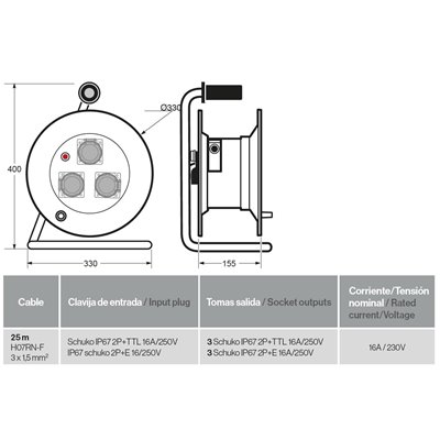 FAMATEL 30017 - Enrollacable industrial IP55 25m con 3 bases schuko 2P+TTL 16A 230V