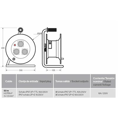 FAMATEL 30018 - Enrollacable industrial IP55 50m con 3 bases schuko 2P+TTL 16A 230V