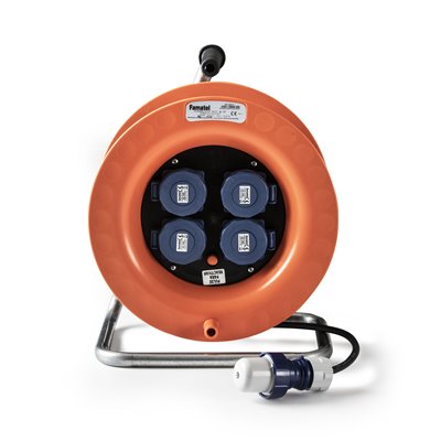 FAMATEL 30013 - Enrollacable industrial IP55 30m con 4 bases schuko 2P+TTL 16A 230V