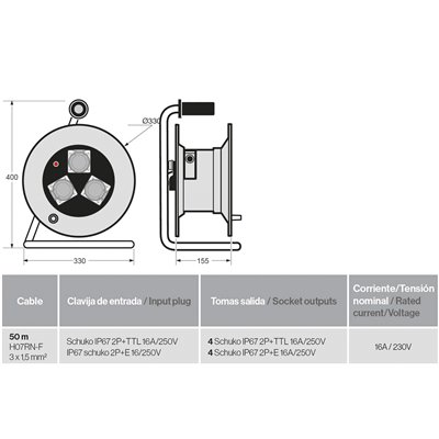 FAMATEL 30014 - Enrollacable industrial IP55 50m con 4 bases schuko 2P+TTL 16A 230V