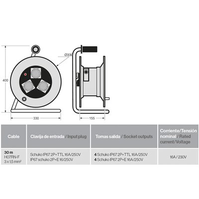 FAMATEL 30013 - Enrollacable industrial IP55 30m con 4 bases schuko 2P+TTL 16A 230V