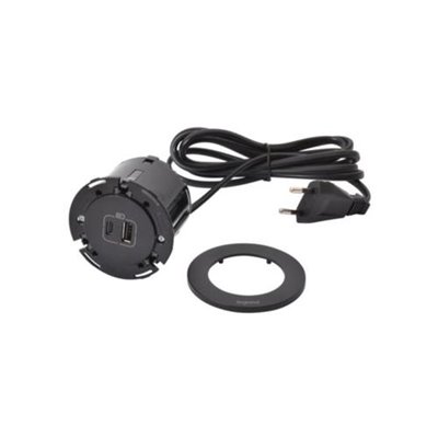 Cargador empotrado USB A+C LEGRAND serie INCARA cable 2m y clavija 2P+T 654731 Negro