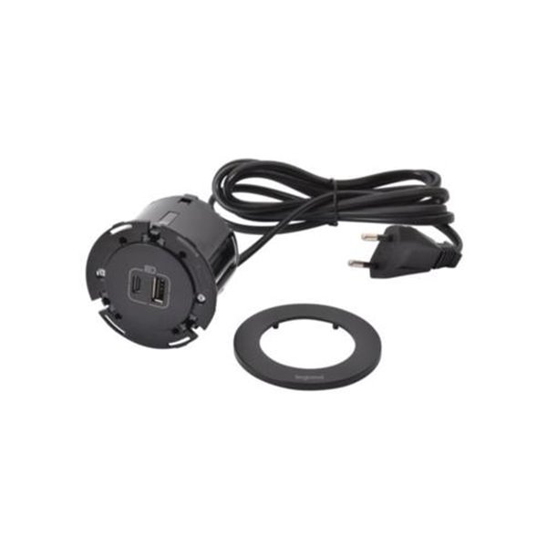 Cargador empotrado USB A+C LEGRAND serie INCARA cable 2m y clavija 2P+T 654731 Negro