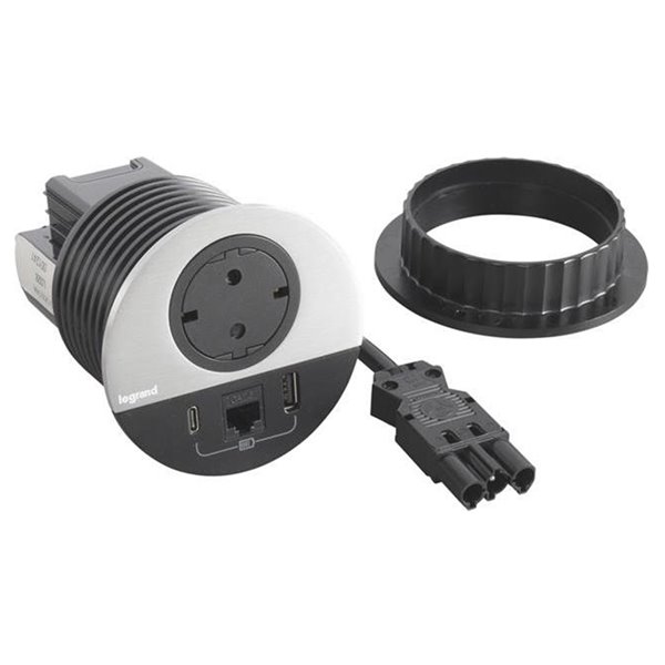 Toma empotrada 2P+T, USB A+C y RJ45 LEGRAND INCARA conector Wieland 654712F Metálico