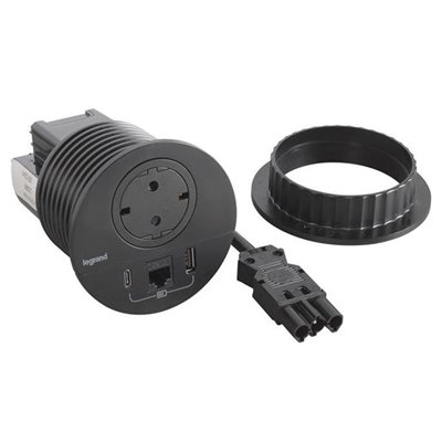 Toma empotrada 2P+T, USB A+C y RJ45 LEGRAND INCARA conector Wieland 654711F Negro