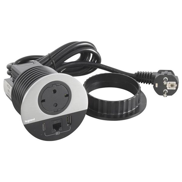 Toma empotrada 2P+T, USB A+C y RJ45 LEGRAND INCARA cable 2m y clavija 2P+T 654712 Metálico
