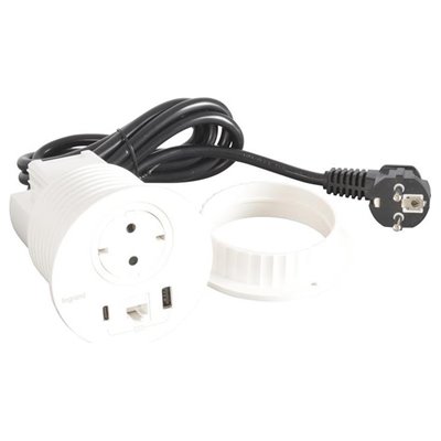 Toma empotrada 2P+T, USB A+C y RJ45 LEGRAND INCARA cable 2m y clavija 2P+T 654710 Blanco