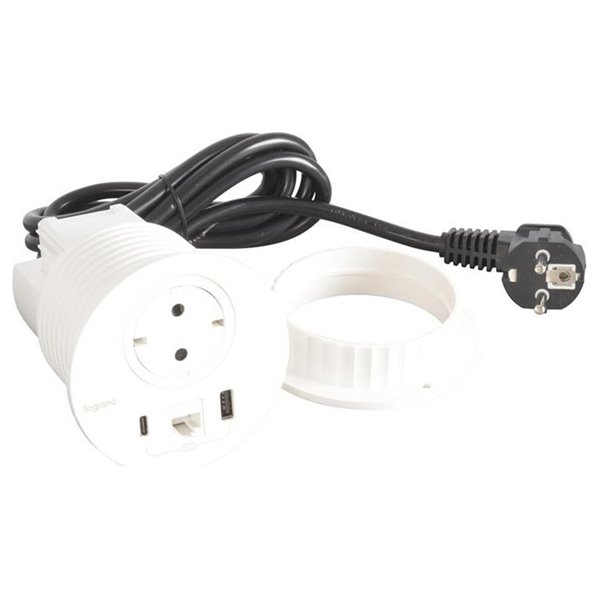 Toma empotrada 2P+T, USB A+C y RJ45 LEGRAND INCARA cable 2m y clavija 2P+T 654710 Blanco