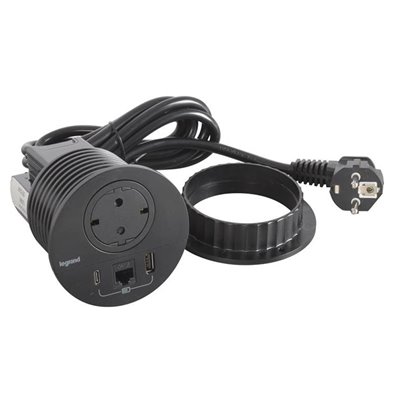 Toma empotrada 2P+T, USB A+C y RJ45 LEGRAND INCARA cable 2m y clavija 2P+T 654711 Negro