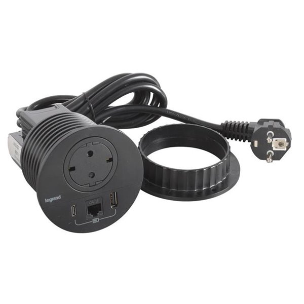 Toma empotrada 2P+T, USB A+C y RJ45 LEGRAND INCARA cable 2m y clavija 2P+T 654711 Negro