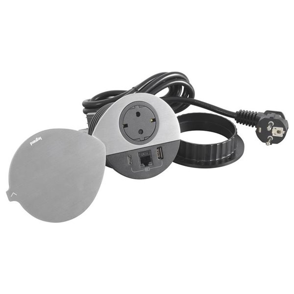 Toma empotrada 2P+T, USB A+C y RJ45 con tapa LEGRAND INCARA 2m clavija 2P+T 654713 Metálico
