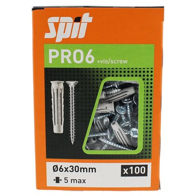 Caja 100 anclajes PRO 6 de nailon con tornillo 6x30mm SPIT 565647